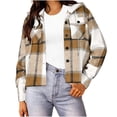 thumbnail image 2 of CBASIHI Womens Plaid Oversized Hooded Jacket with Pockets- Fall Long Sleeve Fashion Casual Button Down Sweatshirts Khaki Size M, 2 of 6