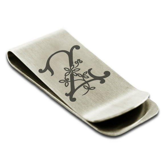 Stainless Steel Letter Z Initial Floral Monogram Engraved Engraved Money Clip Credit Card Holder