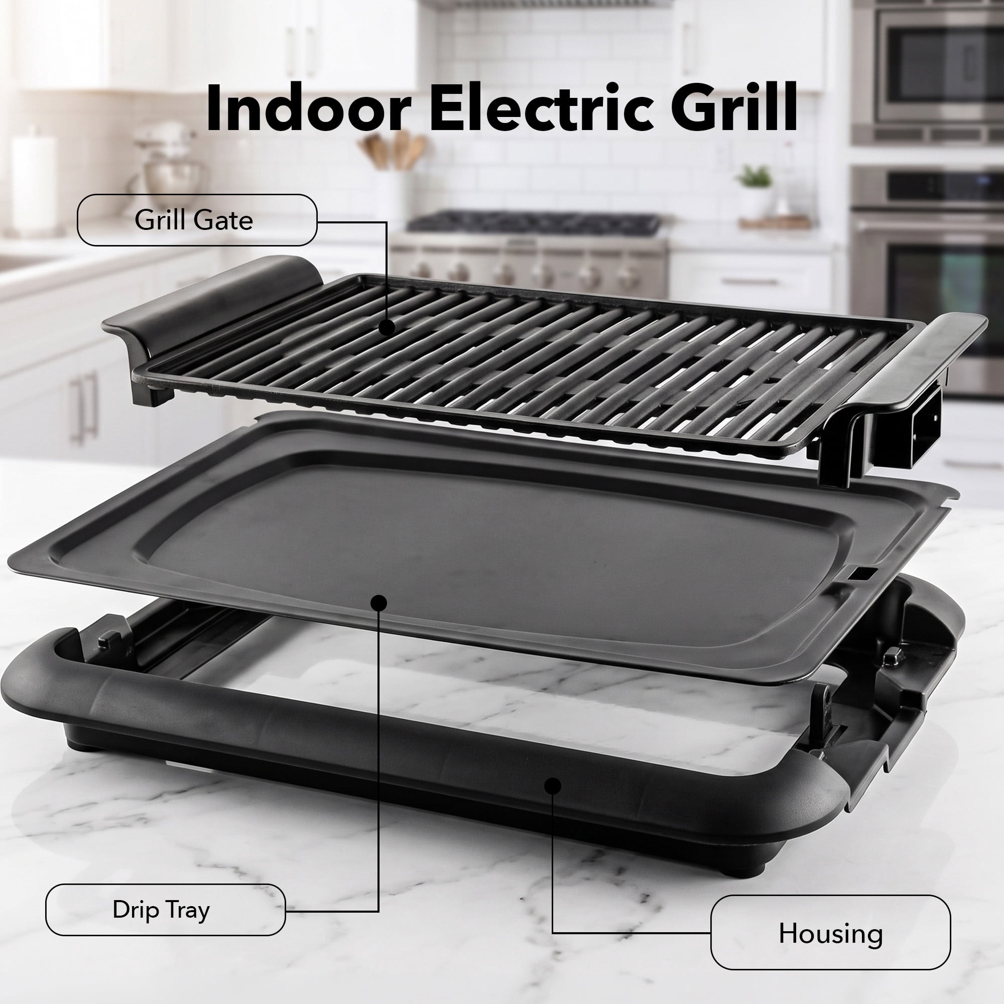 OVENTE Electric Indoor Grill, 15x10 Inch Non-Stick Plate, Black GD1510NLB | 1200W Fast Heat Up Power, Adjustable Temperature, Removable and Dishwasher Safe Grilling and Drip Tray