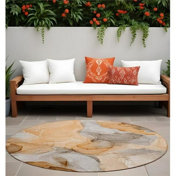 HomeRoots 559519 8 ft. Round Orange Round Abstract Washable Non Skid Indoor Outdoor Machine Woven Area Rug