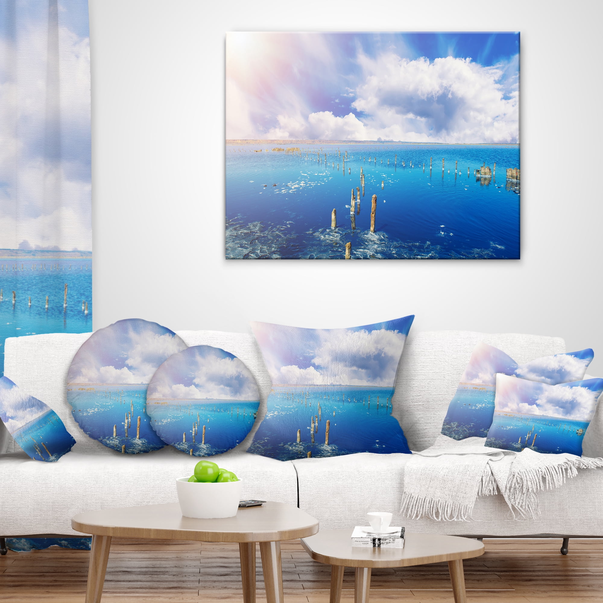 Designart Blue Salt Lake under Clouds - Seascape Throw Pillow - 16x16