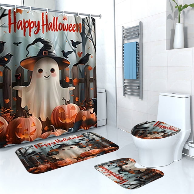 Halloween Shower Curtain Set Halloween Bathroom Curtain Set Shower Curtain Pumpkin Shower Curtain Set With Non Slip Rugs Toilet Lid Cover And Bath Mat