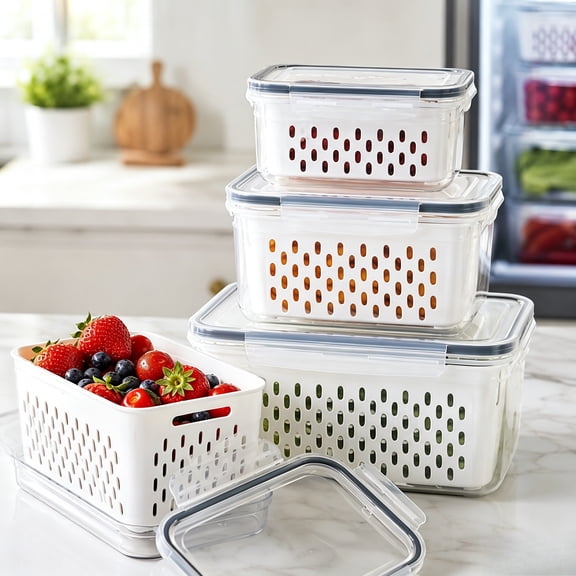 Large Fruit Storage Containers for Fridge, 3 Pack Produce Containers with Lids and Drain Baskets for Kitchen