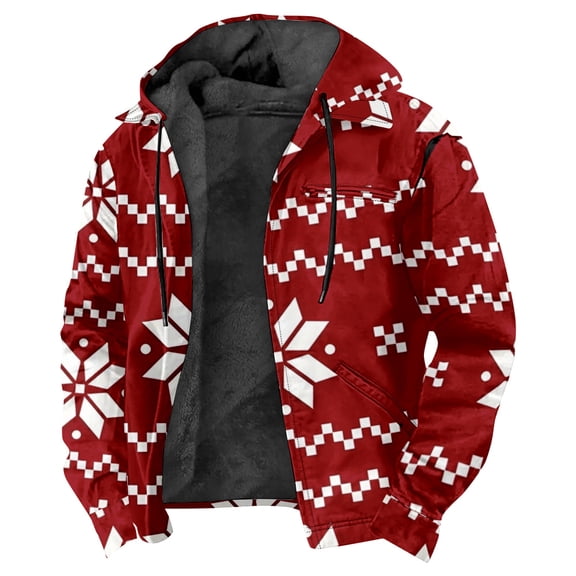 Men's Red Christmas Hooded Jacket Parkas Unisex Long Sleeve Zip Up Hoodie Women Outerwear Coat