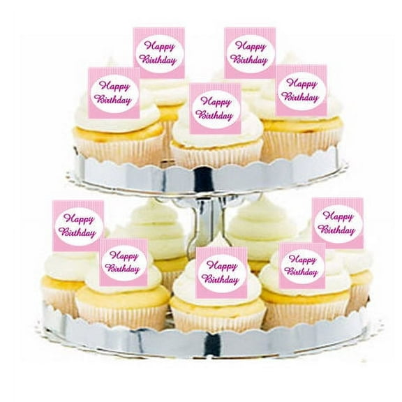 24pk Happy Birthday Pink Stripes Edible Cupcake Decoration Toppers / Picks