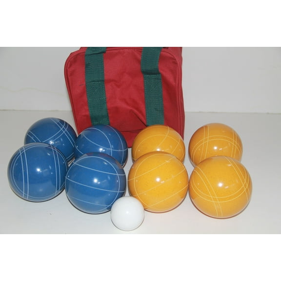 Italian/American Made, 110mm EPCO Bocce Set - Rustic Yellow/Blue Balls and Maroon/Green Bag