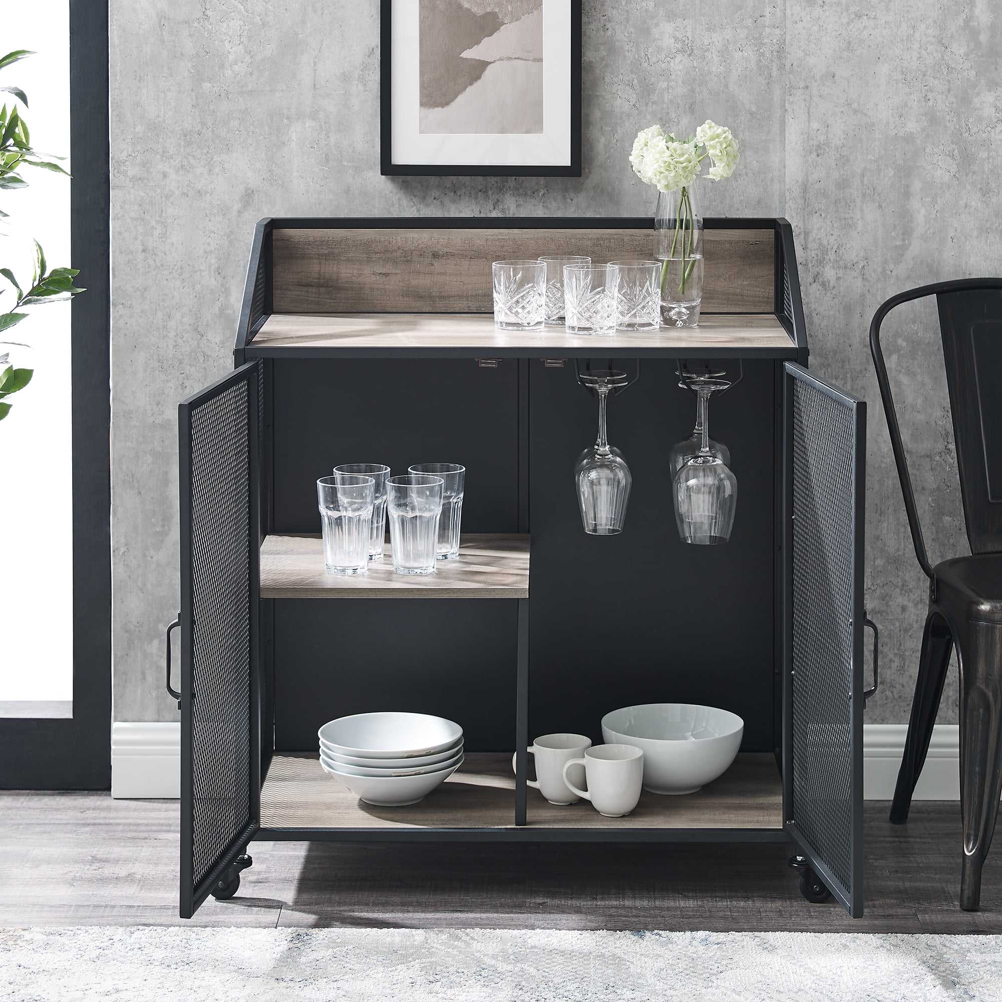 Walker Edison Industrial Bar Cabinet with Wheels, Grey Wash