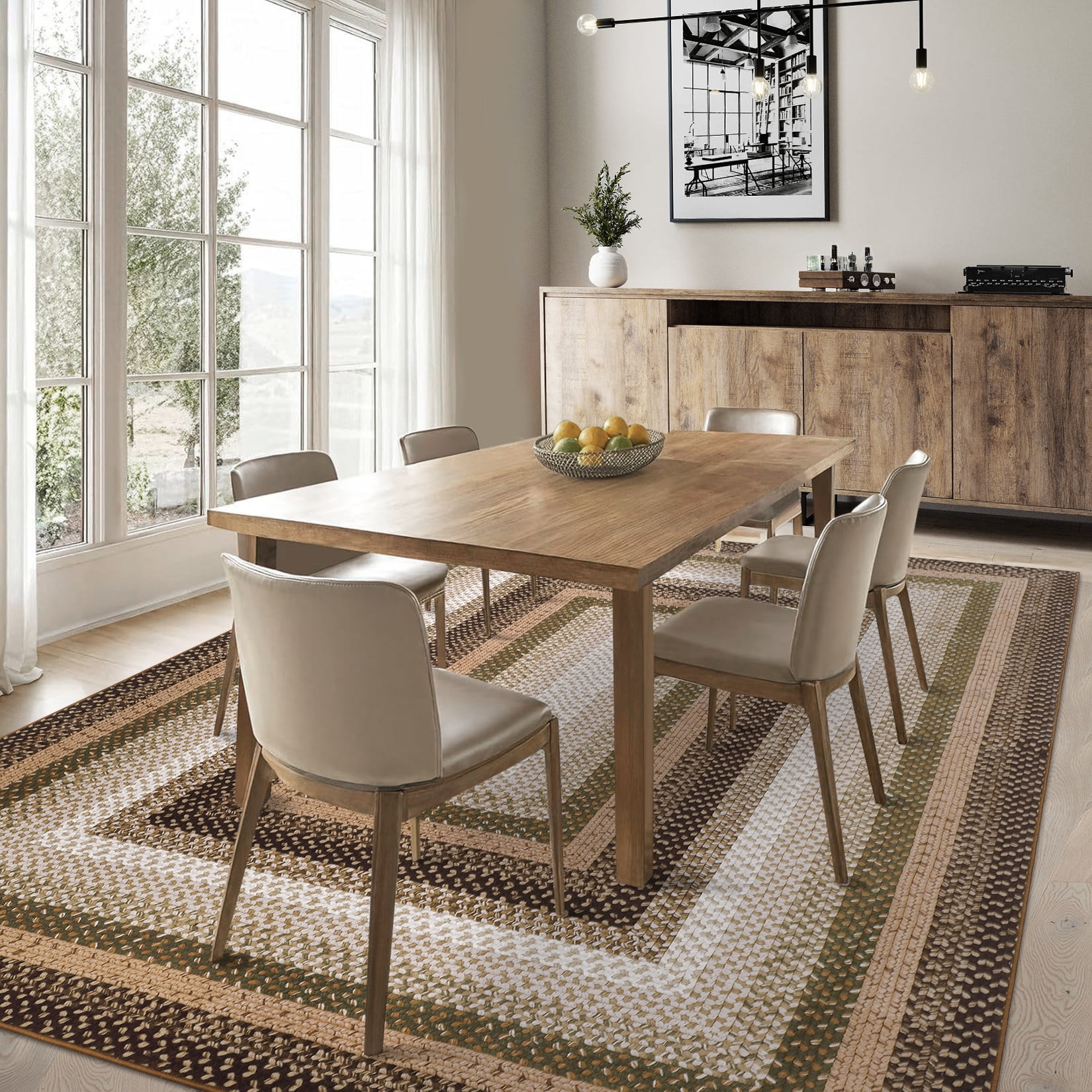 Garvee Modern Washable Braided Print Rugs, 8'x10' Non Slip Farmhouse Floor Carpet Boho Geometric Area Rug for Living Room Bedroom, Brown and Green