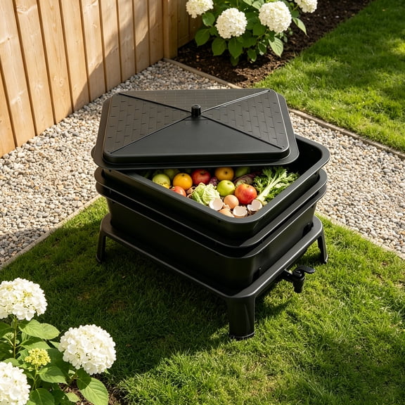 3‑Layer Worm Composter, Outdoor Compost Bin 7.93 Gal Food‑Grade PP Worm Compost Bin, Stackable Composting System for Kitchen Food Waste, Balcony Patio Garden Use, Black