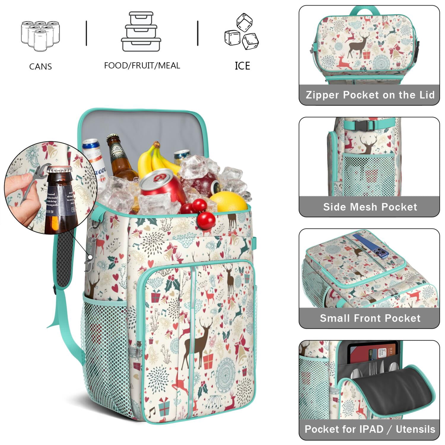 Travel Cooler Bag - Multicolor Christmas Deer Pattern Camping Beer Cooler Backpack with Bottle Opener- Waterproof Insulated Picnic Backpacks - Cooler Bag for Beach