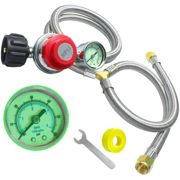 0-30 PSI Adjustable Propane Regulator Stainless Braided Hose with Gauge, 2 Y-Splitter Hose QCC1 to 3/8" Flare Fitting, for Portable Propane Forge/Heaters/Grills, Fire Pit High Pressure Regulator Valve
