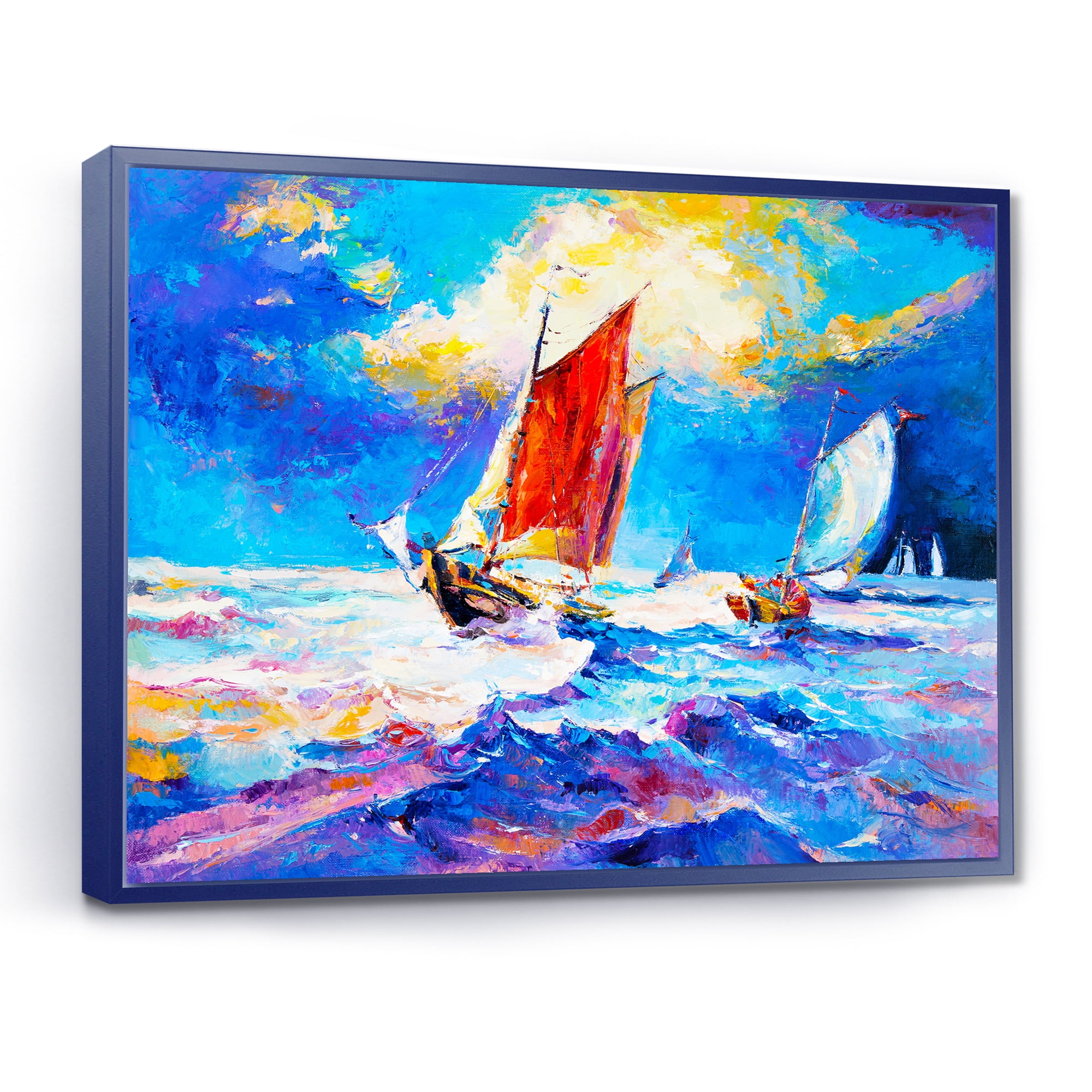 Sailships On The Ocean Waves During Evening 40 in x 30 in Framed Painting Canvas Art Print, by Designart