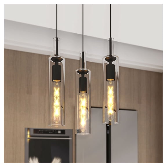 3 Pack Black Pendant Lights Kitchen Island (No Bulbs), Adjustable Modern Glass Pendant Light Over Island, Industrial Pendant Light Fixtures for Dining Room Hallway Bedroom Living Room