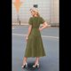 thumbnail image 3 of Vestido Plisado con Cuello en V y Mangas Abullonadas, Larga, Verde , Talla XL, 3 of 4