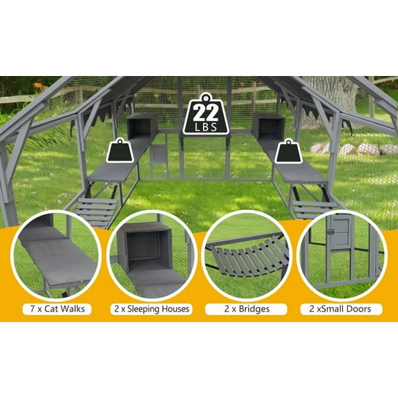 LiviNest Outdoor Cat House Enclosures: 110" Large Weatherproof Cat Playpen with Platforms & Bridges - Multi-Cat Shelter for Backyard & Garden Use with Walk-in Door & Sleeping Houses
