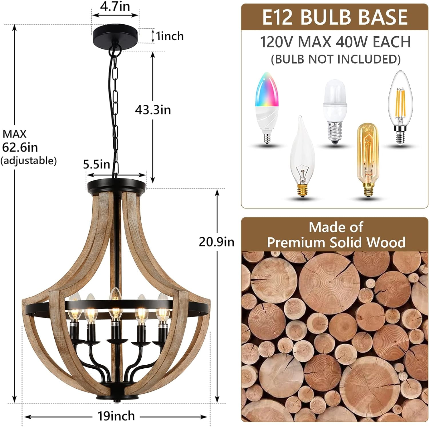 BINUFF Elegant Retro 19" Brown Solid Wood Ceiling Pendant Light Fixture Dimmable