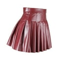 thumbnail image 6 of Skymirror Women Pleated Skirt Faux Leather High Waist A-line Loose Hem Solid Color Clubwear Party Dance Skirt Above Knee Length Mini Skirt, 6 of 8