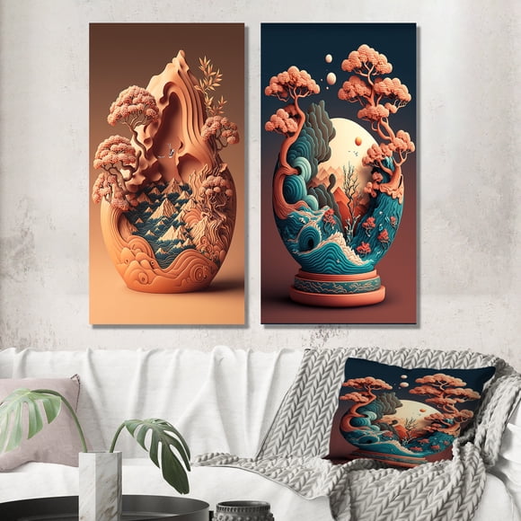 Designart "Terre Cuite Bonzai Paysage de Montagne II" Art Mural Abstrait Ensemble de 2 - Galerie Murale Traditionnelle Orange pour Décoration Intérieure