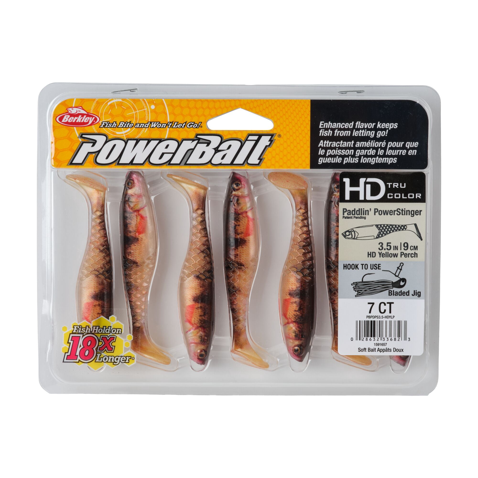Berkley PowerBait® Paddlin' PowerStinger, 3.5 in, Swimbaits - Paddle Tail, HD Yellow Perch (7-count)
