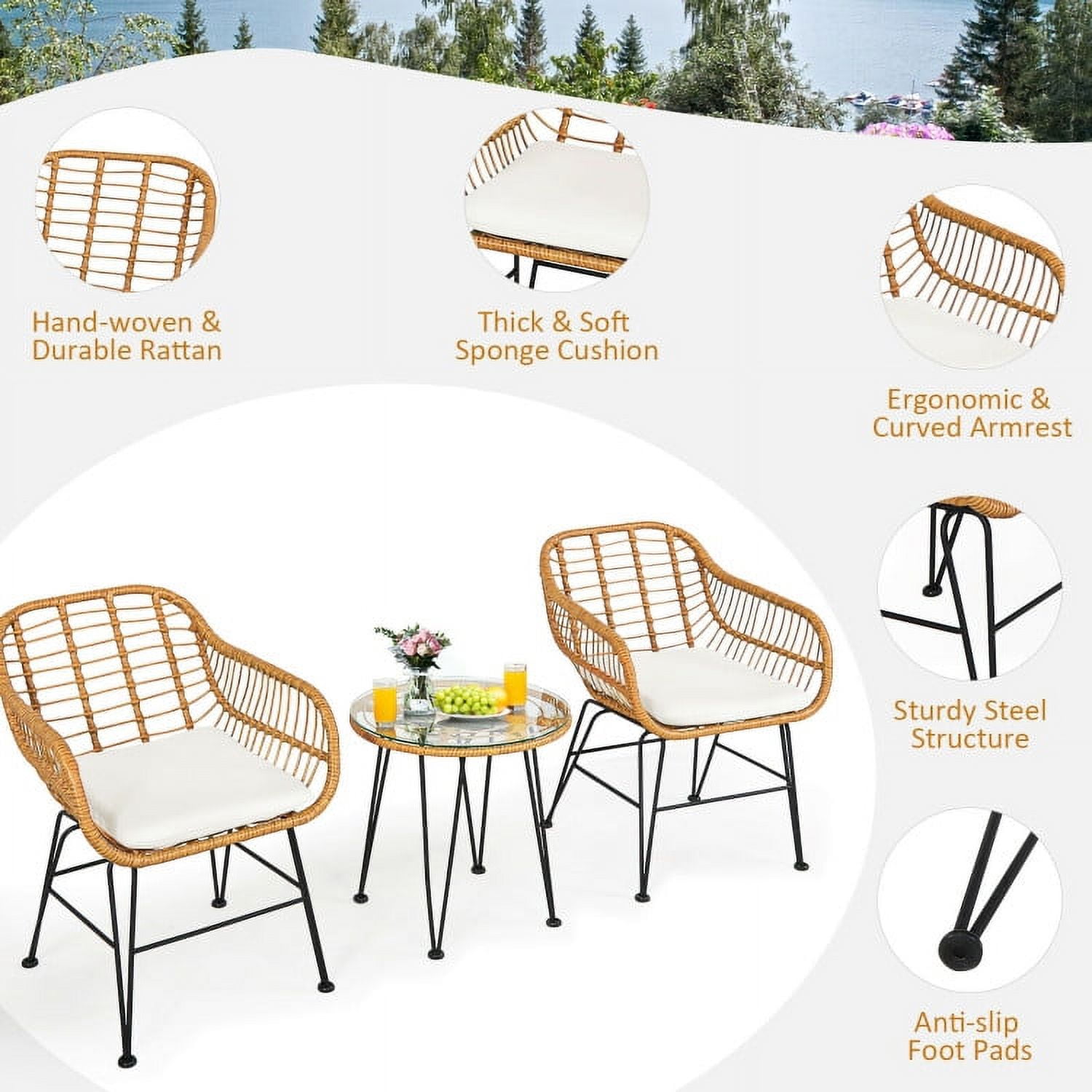 Aimee Lii 3 Pieces Rattan Furniture Set with Cushioned Chair Table, Outdoor Patio Furniture, White Aimee Lii 3 Pieces Rattan Furniture Set with Cushioned Chair Table, Outdoor Patio Furniture, White