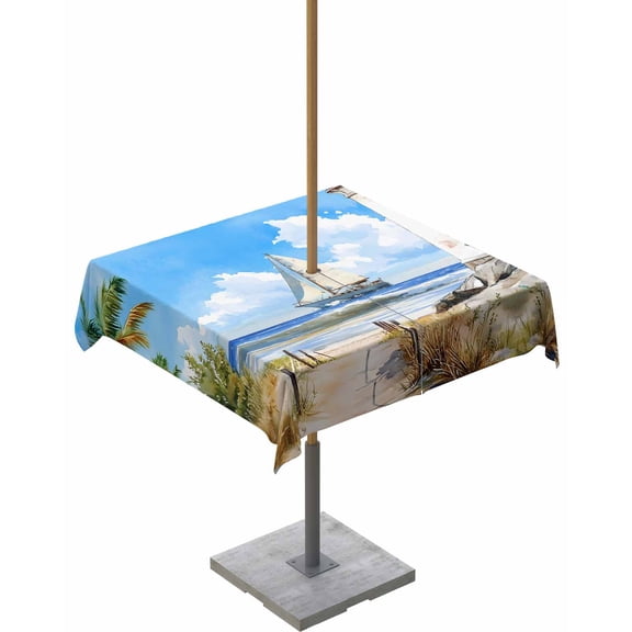 nqOlkjepod Summer Beach Outdoor Tablecloth with Umbrella Hole & Zipper, Retro Lighthouse Sailing Nautical Square Table Cover 54x54 Inch, Dining Waterproof Table Cloth Protector for Patio/Party