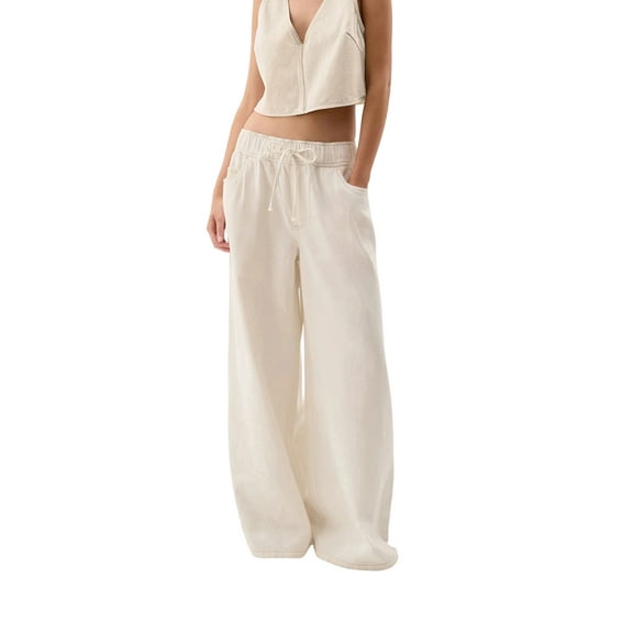 Women'S Drawstring Wide Leg Jeans Low Waisted Loose Fit Denim Pants White XS