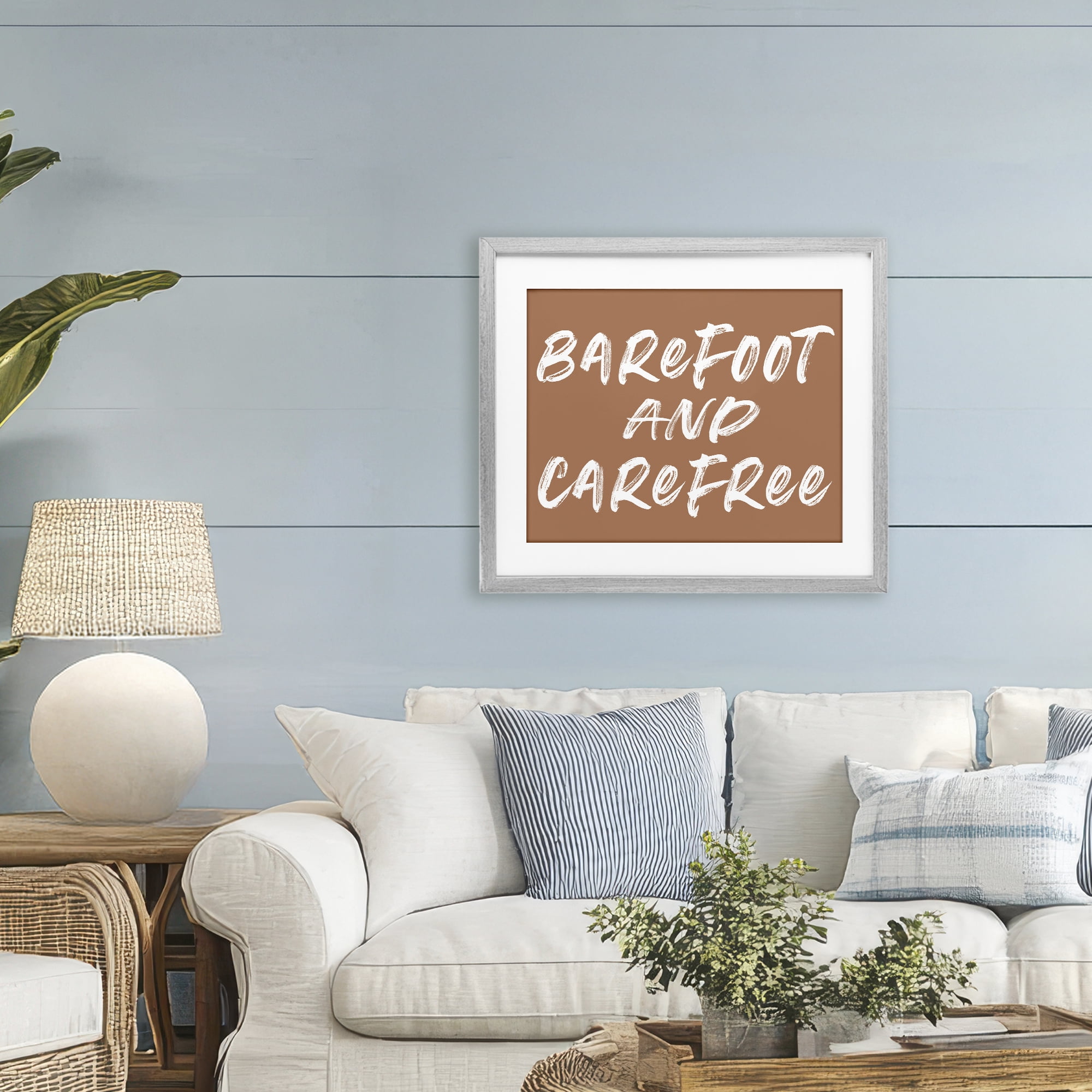 Barefoot & Carefree Brown Gray Framed Print Under Glass, design by Lettered and Lined