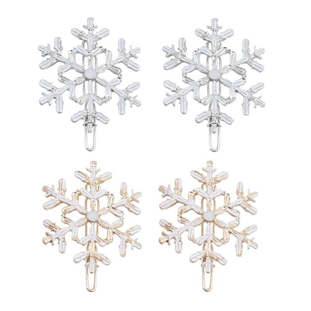 4 pinzas para el pelo de copo de nieve de Navidad, pasadores de pelo exagerados de moda, accesorios brillantes para el pelo para mujeres y niñas (dorado plateado)