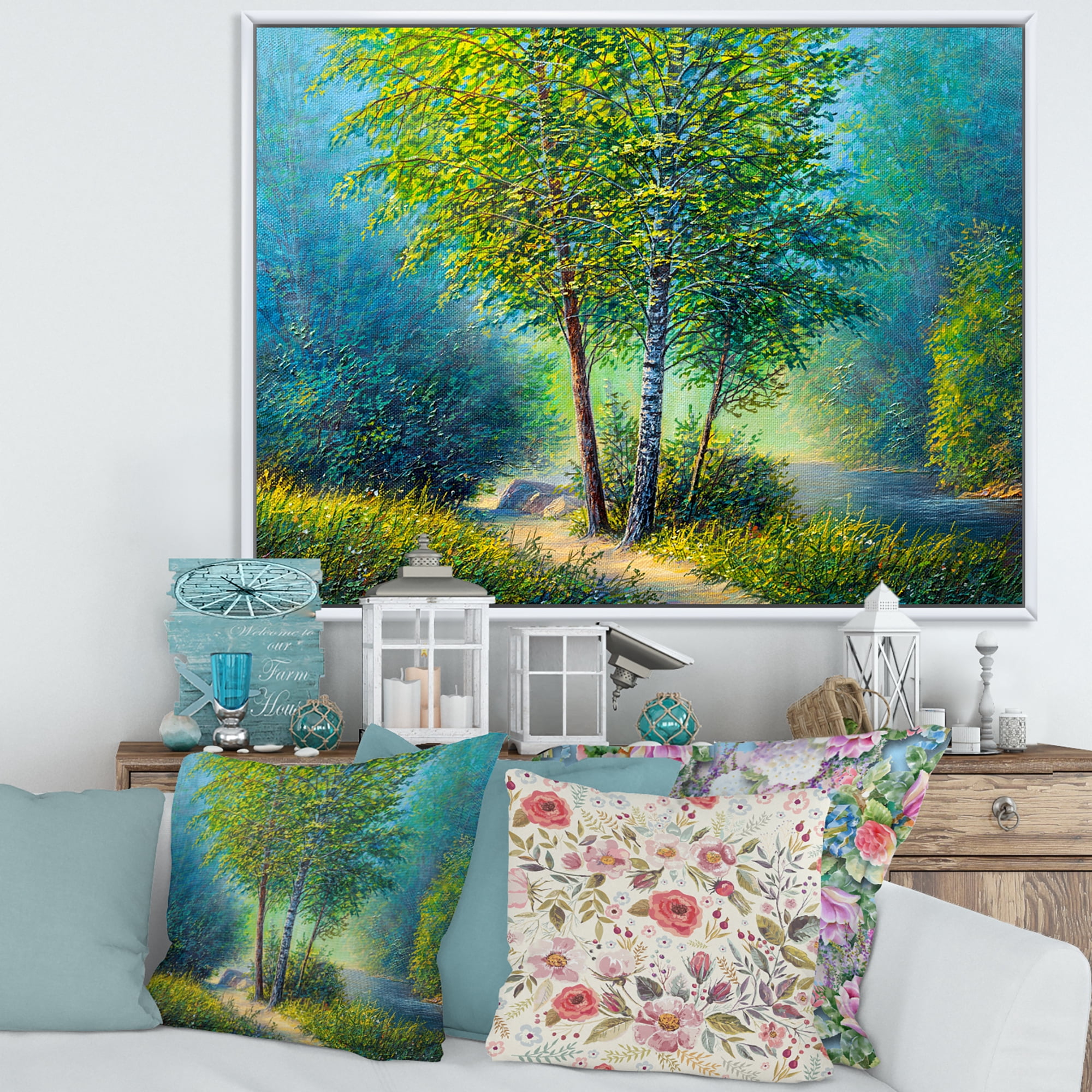 Designart 'Three Vibrant Green Trees By The River' Lake House Framed Canvas Wall Art Print