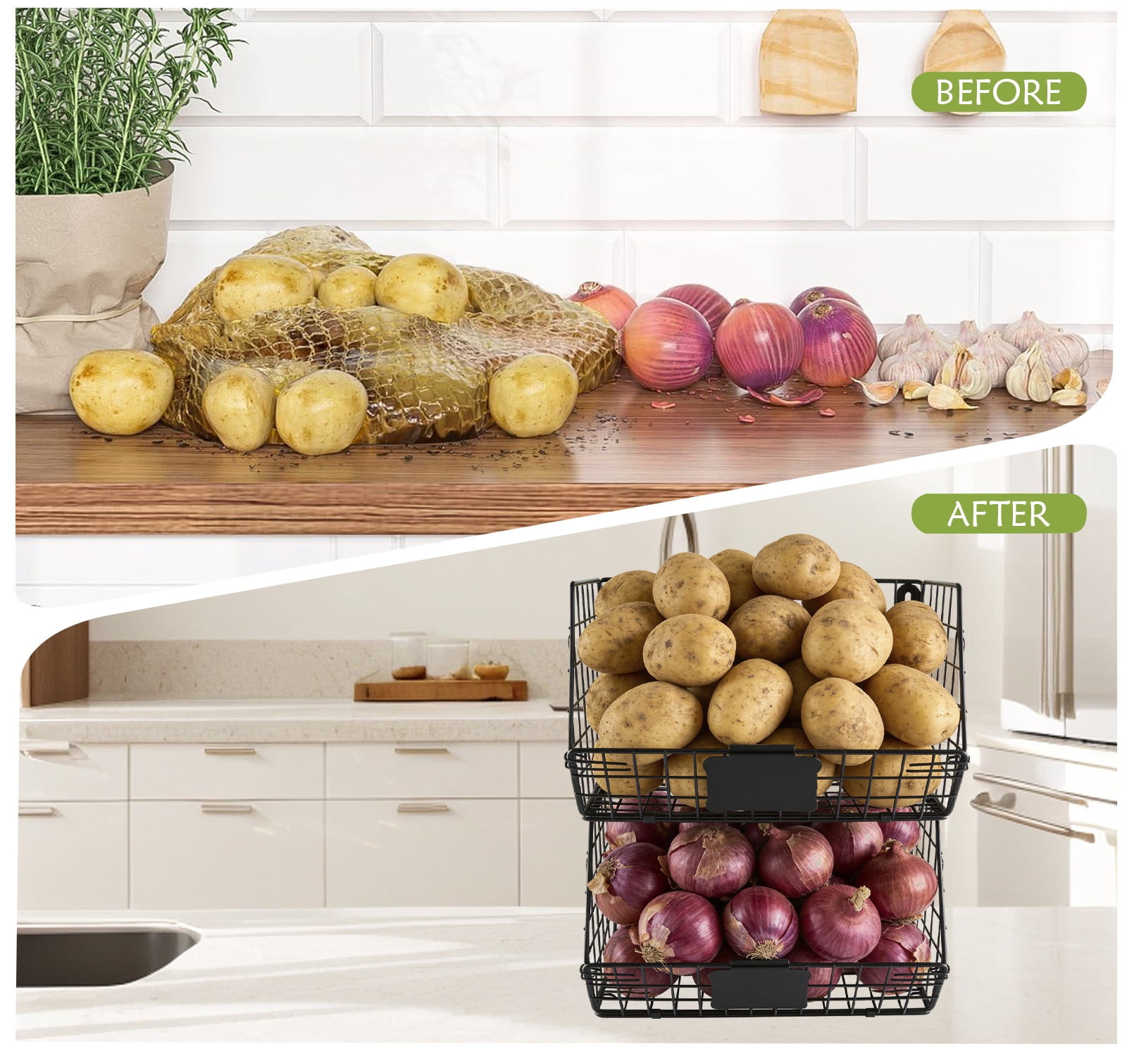 Pethiy 2-Piece Metal Wire  Onions & Potatoes Storage Baskets, Multi-Use Stackable Wall-Mount Produce Storage Set with Custom Labels