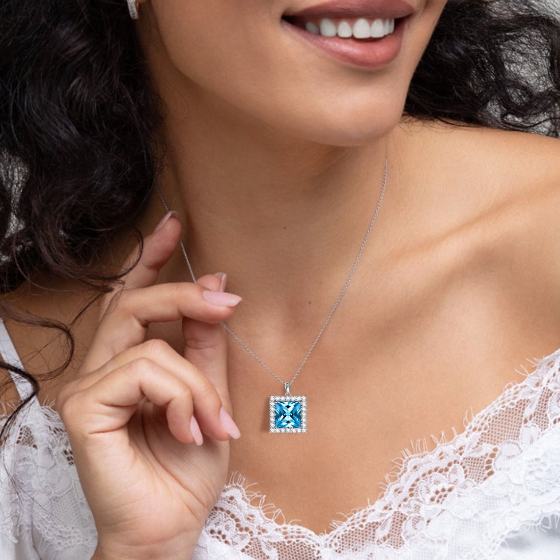6 Carat March Birthstone Necklace Aquamarine Pendant Princess Cut Blue CZ 925 Sterling Silver Jewelry Women Birthday Xmas Mother's Day Gifts Juwaliy
