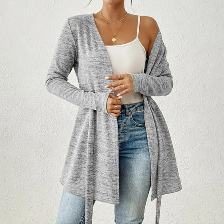 Black*Friday Deals 2025 Womens Clothes Clearance GaThRRgYP Winter Outerwear Jacket for Ladies Autumn,Women's Casual Solid Long Sleeve Casual Loose Bandage Cardigan Tops Gray S