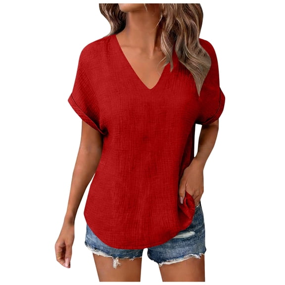 idosla Womens Summer Gauze Blouses Crinkle Texture V Neck Short Sleeve Pullover Shirts Solid Color Work Camping Outfits Top (Red, XL)