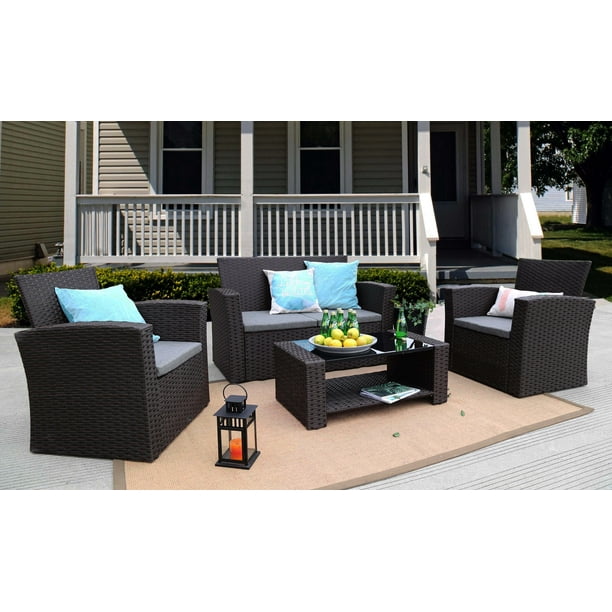 Baner Garden Outdoor Furniture Complete Patio 4 Pieces Cushion Pe Wicker Rattan Garden Set Chocolate N87 Ch Walmart Com Walmart Com