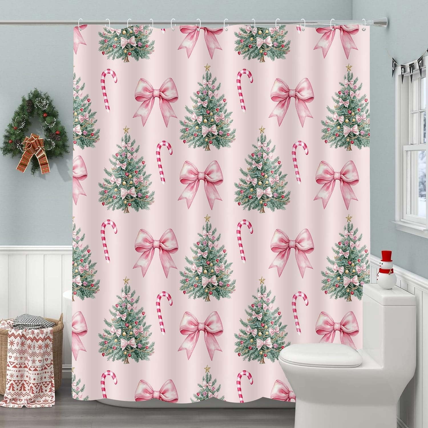 Whimsical Pink Christmas Holiday Shower Curtain Vintage Inspired Xmas Bath Curtain with Christmas Trees Playful Candy Canes Flouncy Bows, Cute Kawaii Coquette Aesthetic Festive Bathroom Decor 70X70IN