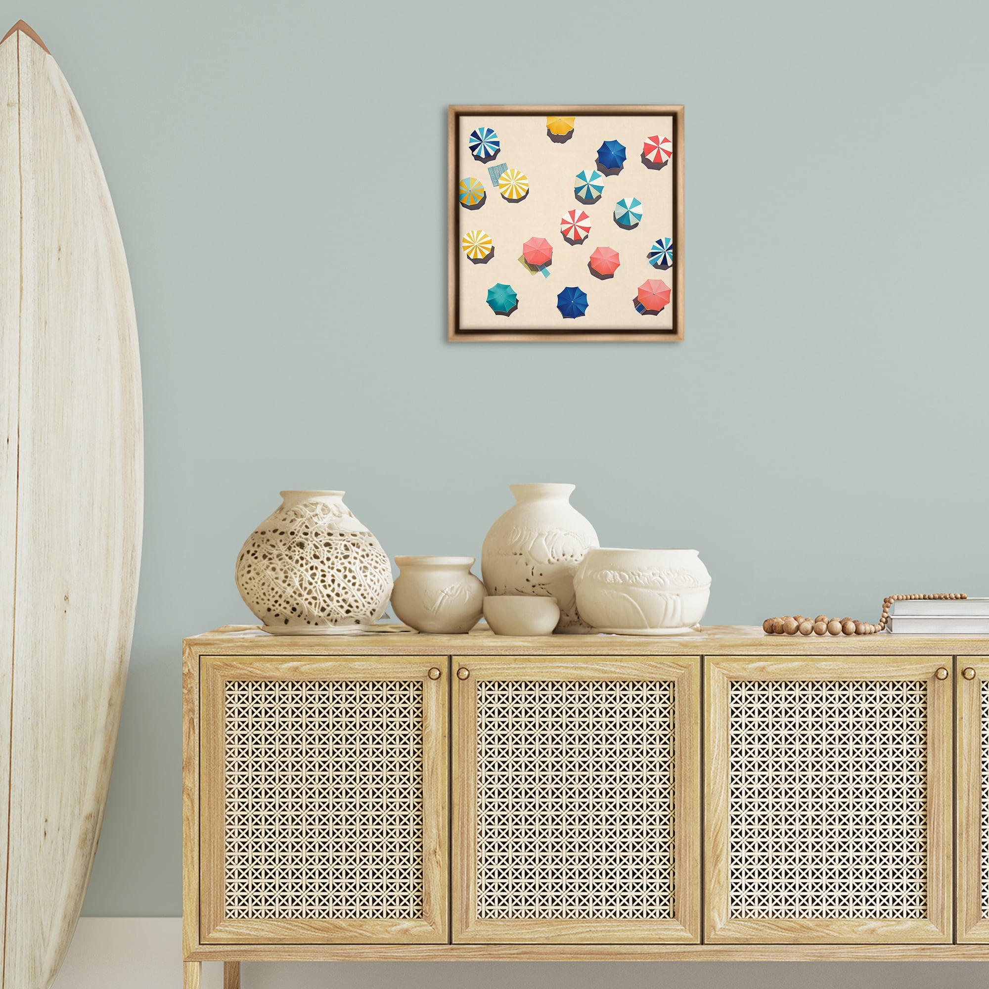 Stupell Industries Coastal Retreat Umbrellas Nautical & Beach Painting Brown Floater Framed Canvas Art Print Wall Art, 18 x 18