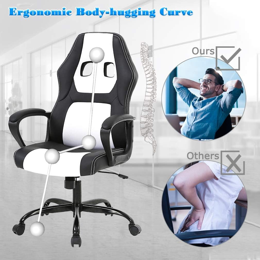 BestOffice Adult PU Leather and Mesh Racing Gaming Chair with Swivel and Lumbar Support, White
