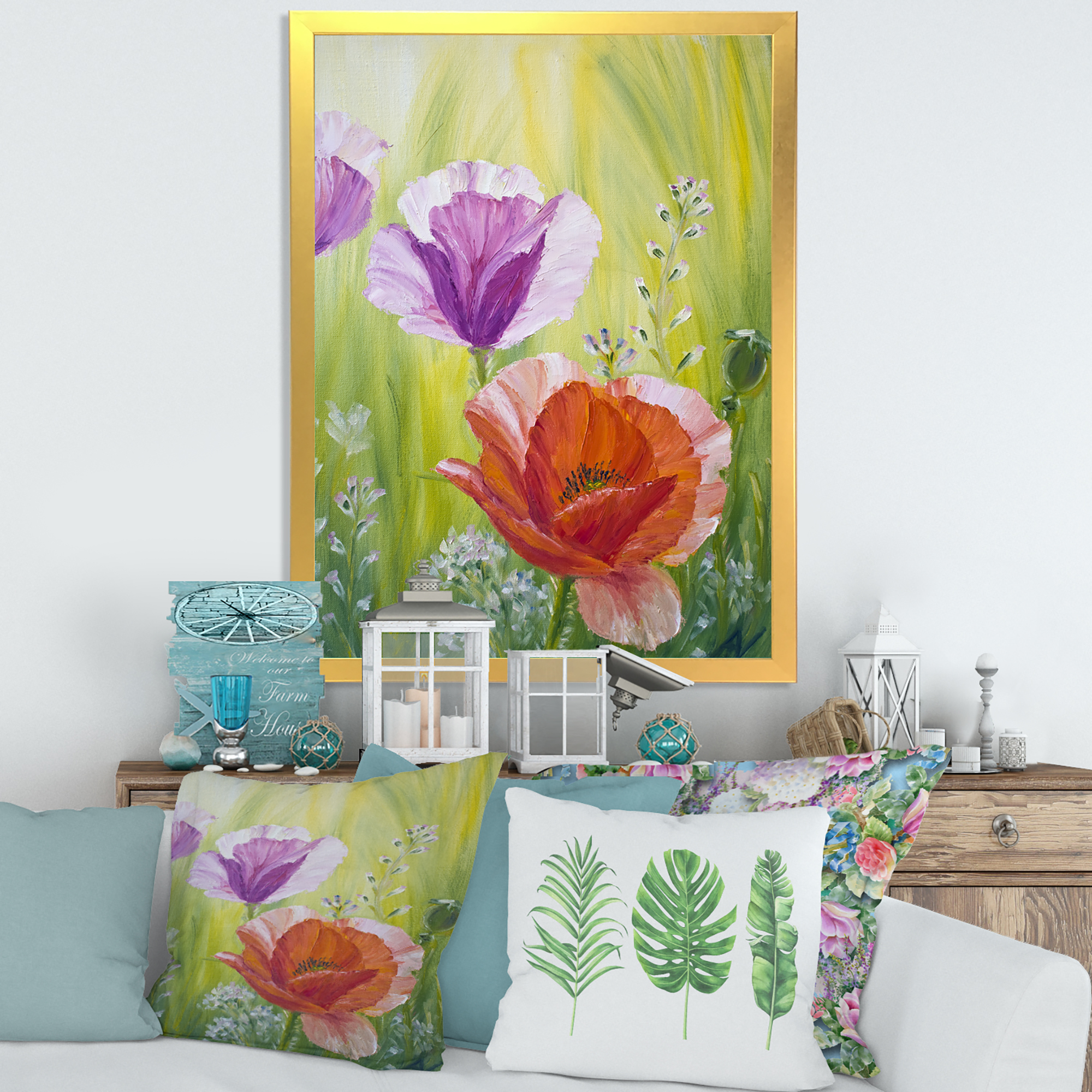 Designart 'Poppies In The Morning In Wild Green' Traditional Framed Art Print
