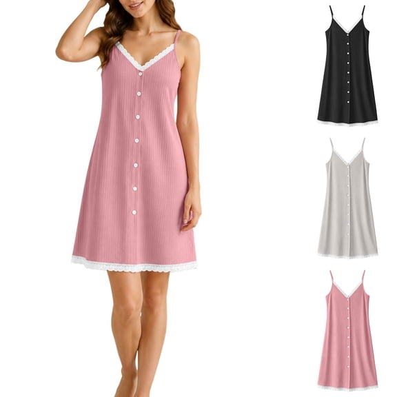 Stamzod Ladies Nightgowns V Neck Button Up Pajamas Dress Lace-Trimmed Camisole Sleep Shirts for Women XL