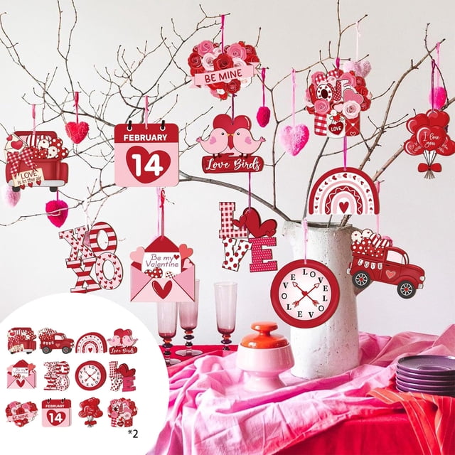 pstuiky 24 adornos de San Valentín para interiores y exteriores de madera hueca en forma de corazón con cuerda en tonos rosa y rojo.