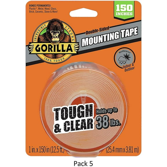 Gorilla Tough & Clear Double Sided XL Mounting Tape, 1" x 150", Clear, 5 Pack