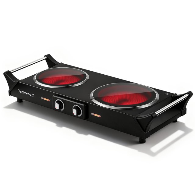 Techwood 1800W Portable Electric Stove with double infrared ceramic cooktop burners, dual control knobs, and anti-scald handles in a sleek black design. This compact hot plate features two glowing red ceramic heating zones and cool-touch handles for safe portability, ideal for RVs, camping, dorms, and space-saving home kitchens.
