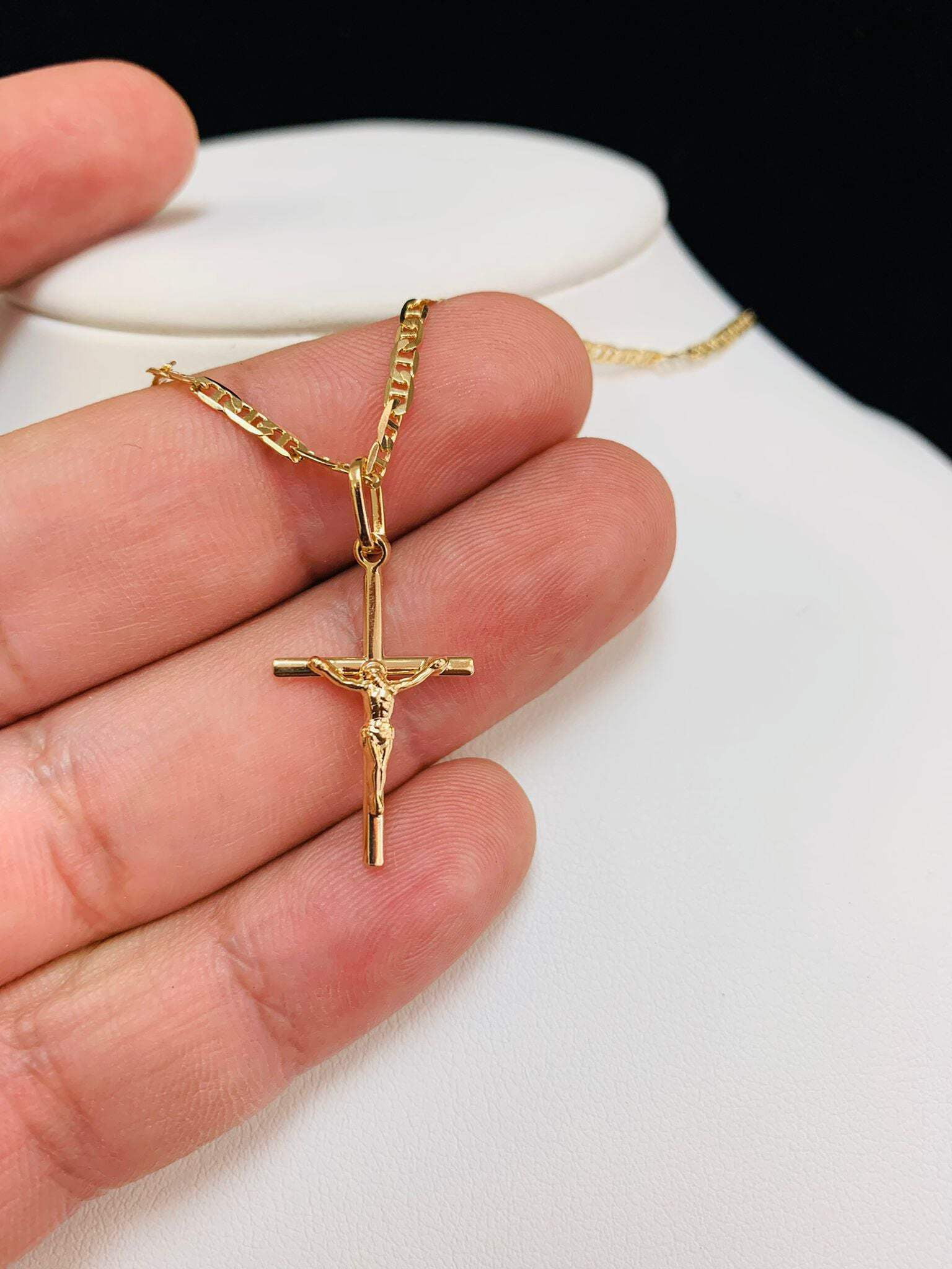 primejewelry269 Tube Cross Necklace for Women, Gold Filled, Dainty Cross with Mariner Chain, 24x14mm