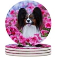 thumbnail image 4 of GZHJMY 4Pcs Round Papillon Dog in Pink Flowers Garden Ceramic Coasters with Cork-Backed for Coffee Drink, Cup Mat Absorbent Stone Coasters, 4 of 5