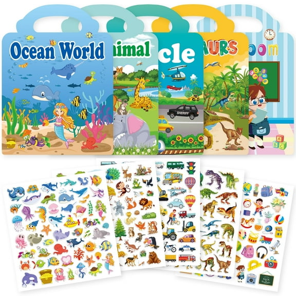 Meafeng 5 Sets Reusable Sticker Books for Toddlers 1-3, Ocean Dinosaurs Animals Vehicles Classroom Sticker Book for Kids 2-4, Puffy Stickers Gifts for Kids Toddler Boys Girls