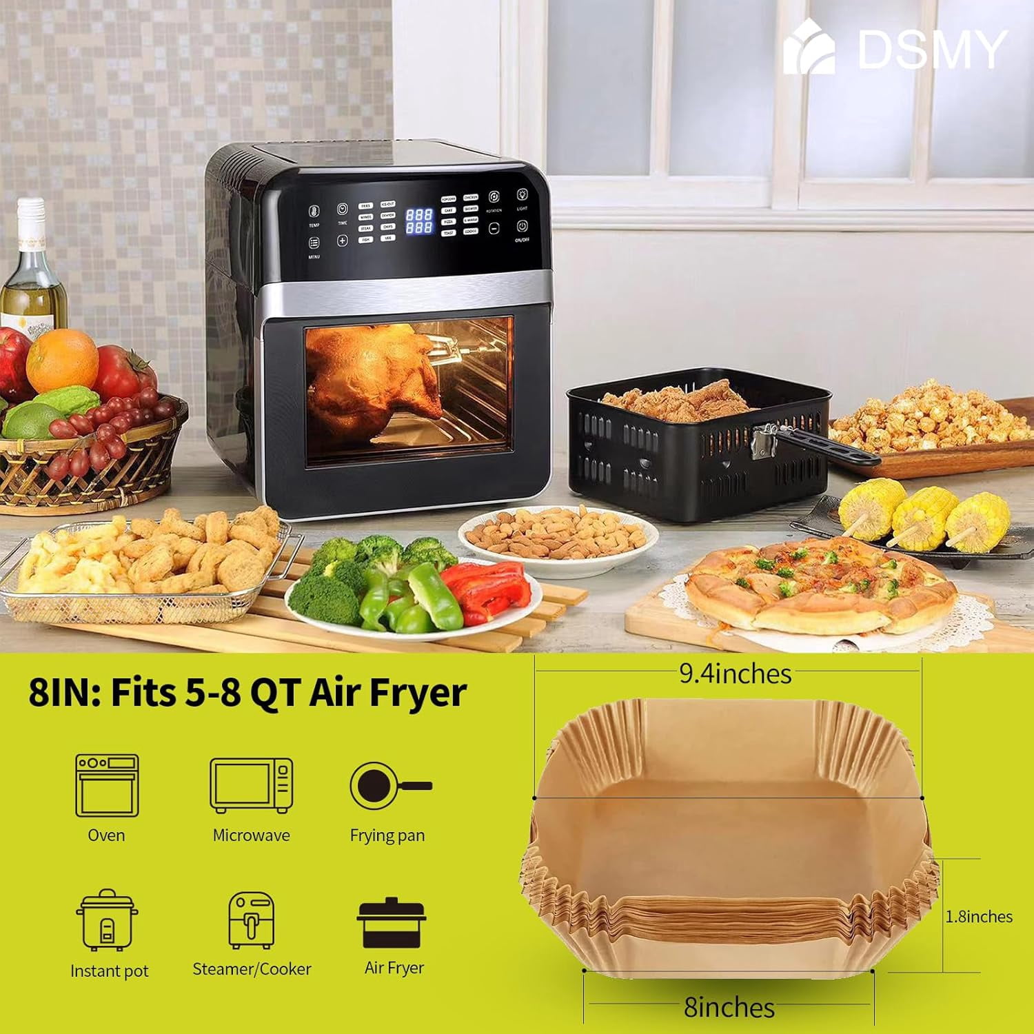 150 PCS Air Fryer Disposable Paper Liners,8 Inch Square Parchment Disposable Paper Liner for 5-8QT Air Fryer,Baking, Roasting and Microwave, Non-Stick Airfryer Accessories