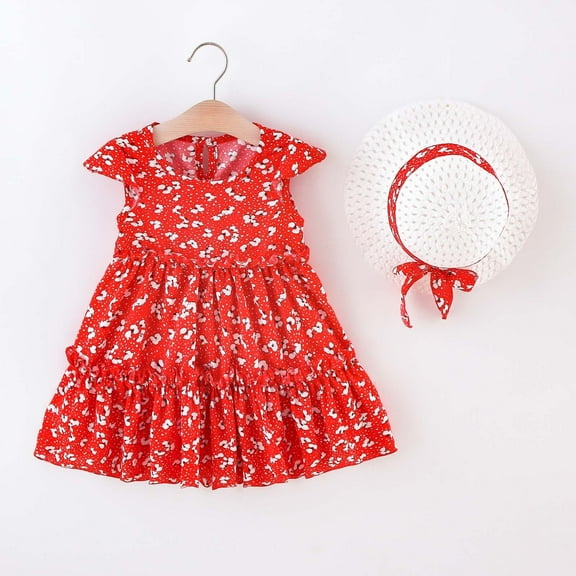 Nrmvnmi Toddler Girls Summer Dress Outfits Flower Print Round Neck Sleeveless Cotton Dress   Bow Decor Hat 2 Pcs Set For 2-6 Years
