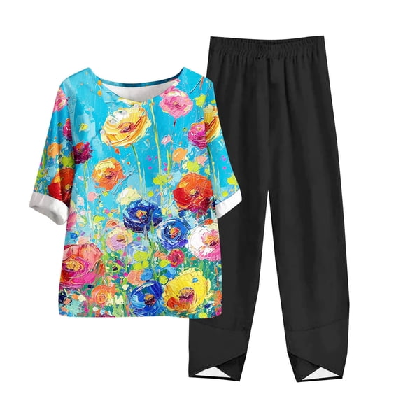 Lounge Sets for Women 2 Piece Fall Pants Sets Women 2 Piece Outfits Women's Casual Round Neck Short Sleeve Top And Pants Digital Printing Two-piece Set