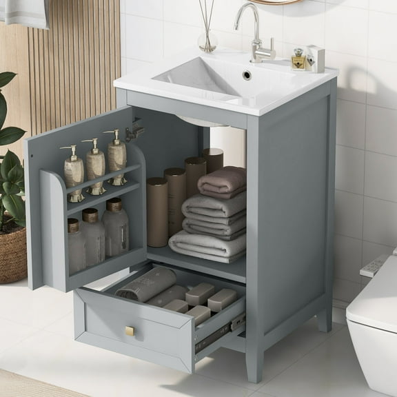 20" Bathroom Vanity with Sink & 1 Drawer, Real Wooden Bathroom Storage Cabinet with 1 Soft Closing Door & Storage Rack, Grey