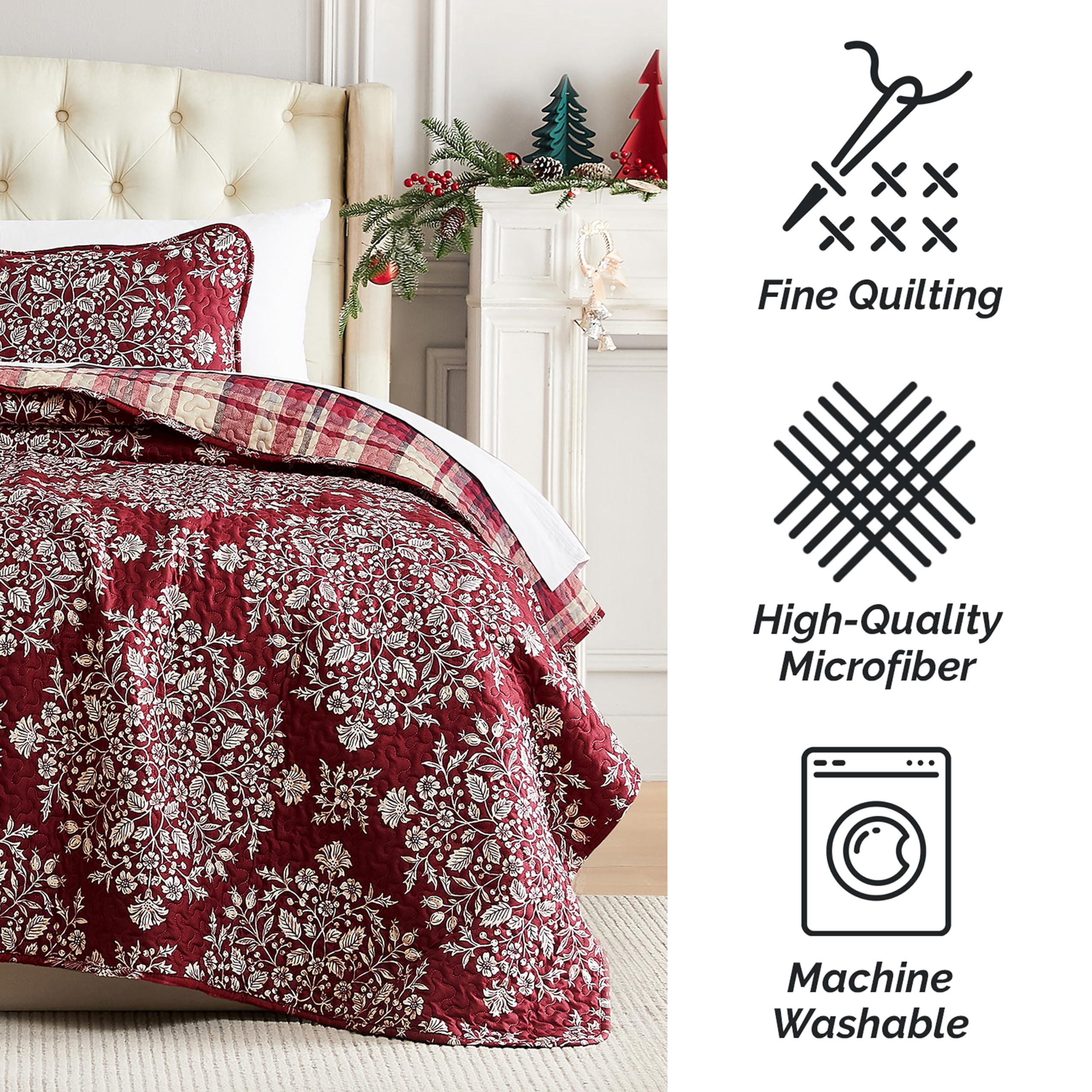 Southshore Fine Living, Inc. Christmas Quilt Twin/Twin XL with Sham, Christmas Carol Red Plaid